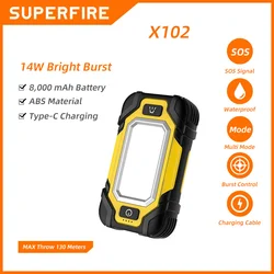 SUPERFIRE X102-linterna LED portátil recargable por USB, luz de trabajo COB, ajustable, impermeable, diseño magnético para acampar