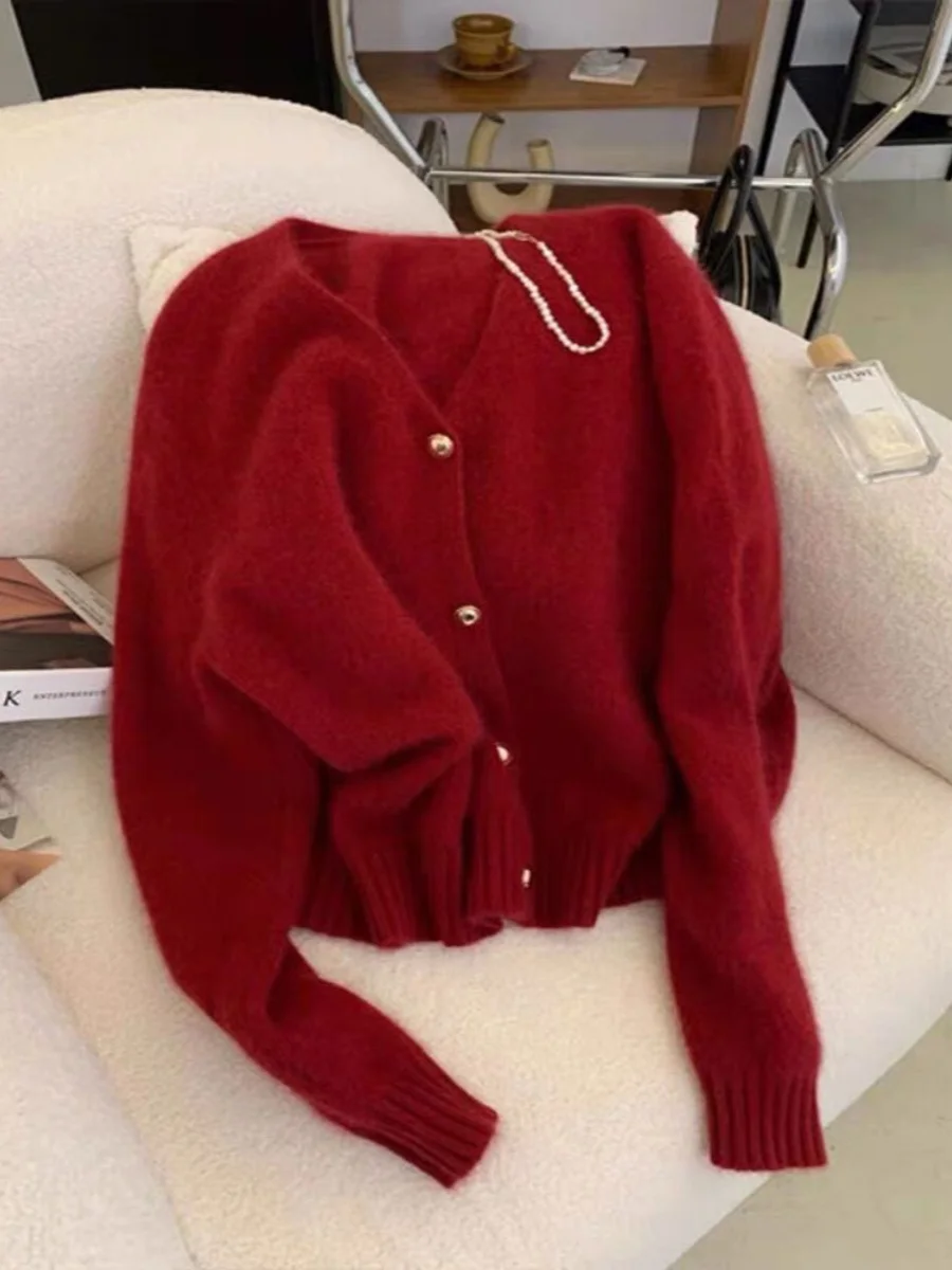 

Красный вязаный кардиган для женщин: модный новогодний топ, элитный, свободного кроя, с длинными рукавами и V-образным вырезом