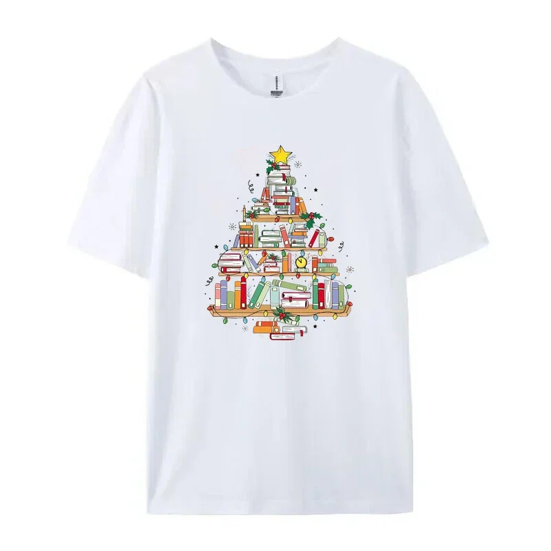 Świąteczna koszulka damska z grafiką drzewka książek, codzienna bluzka z okrągłym dekoltem, świąteczny literacki wzór, koszulki świąteczne do czytania.