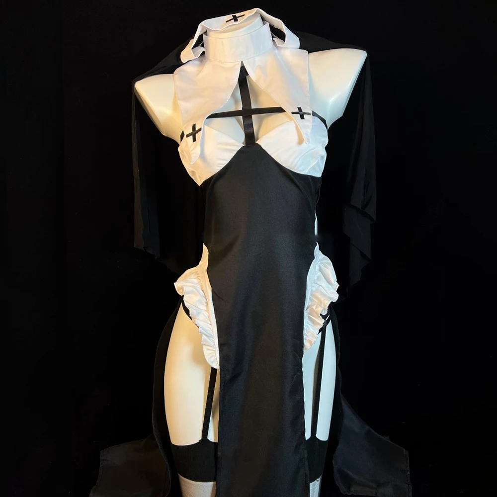 

Sexy Nun Cosplay Costume Women Cross Dress Maid Uniform Role Play Nightclub Lingerie Halloween Costumes