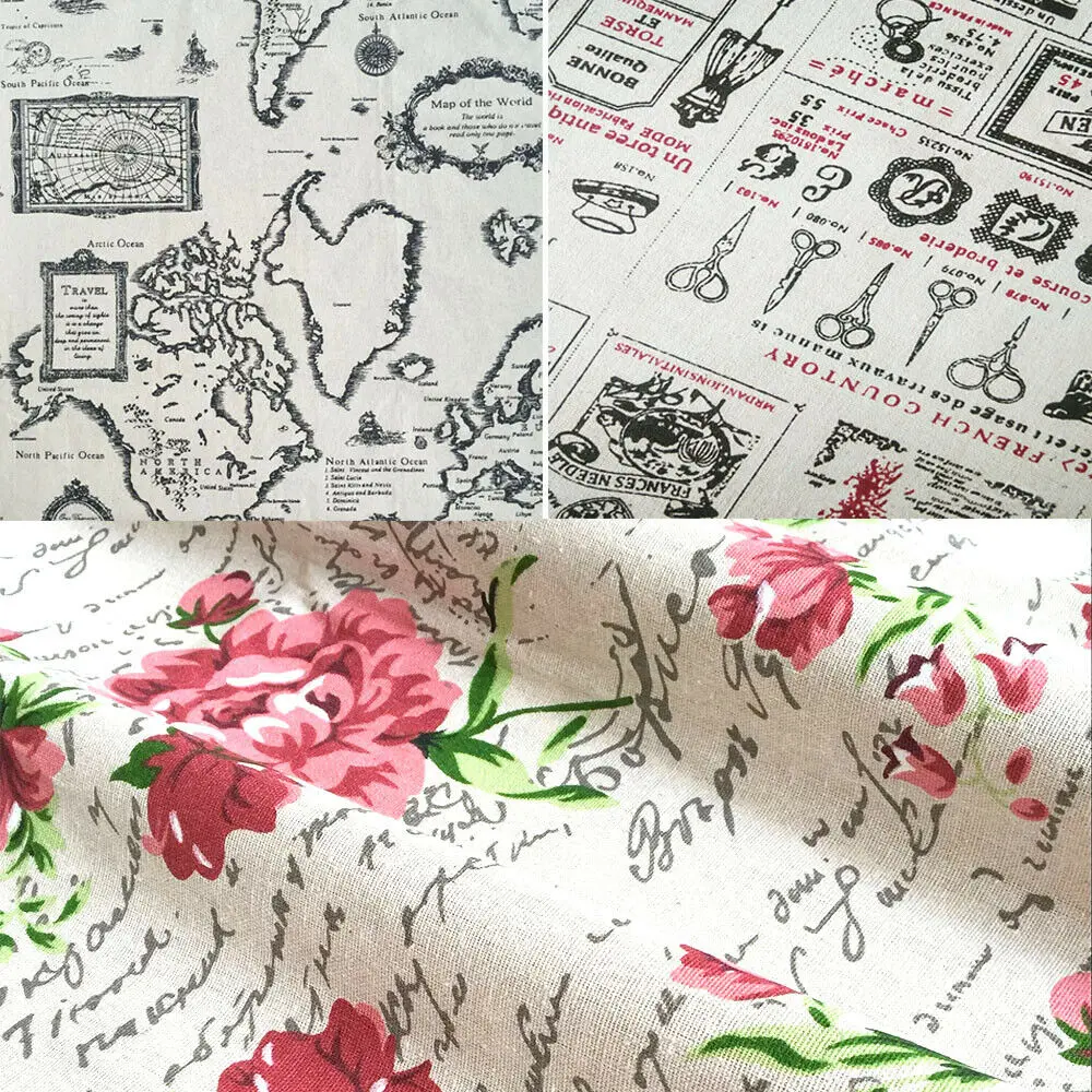 Flower Scissors World Map Retro Pattern Fabric Cotton Linen Diy Sewing Quilting Pillow Bag Curtain Cushion Home Textile Material