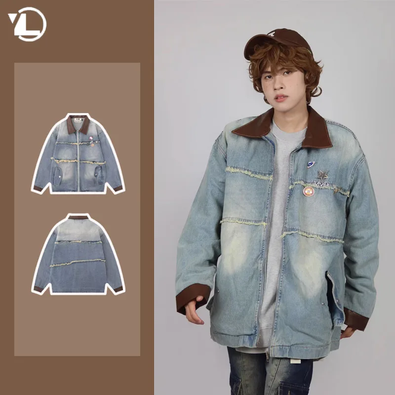 

Burr Edge Vintage Mens Denim Jacket Spring American Patchwork Lapel Washed Cowboy Coats Loose Harajuku Couple Outwear New