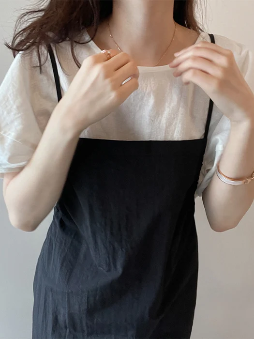 Cseta Fena de Aodão e Linho com Manga Curta Estilo Solto Manga Bufante Gola Redonda Cor Pura Verão Nova Chegada