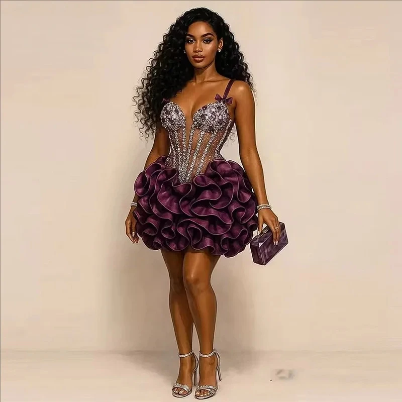 Customized Mini Sparkling A-Line Diamond Cocktail Ball Dress Sexy V Tie Bow Suitable For Birthday Parties And Homecoming Dress