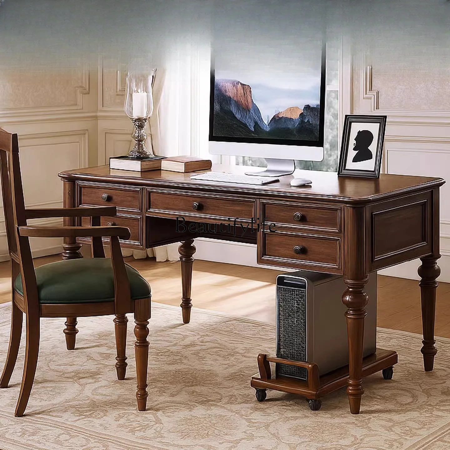 

Pure solid wood American retro walnut color desk home computer desk