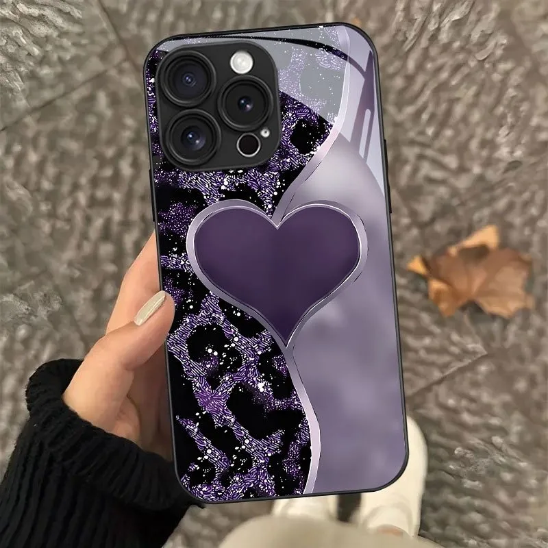 

Purple Leopard Print Heart Pattern Tempered Glass Black Phone Case For Samsung Galaxy S25 S24 S23 Ultra Plus FE Shockproof Cover