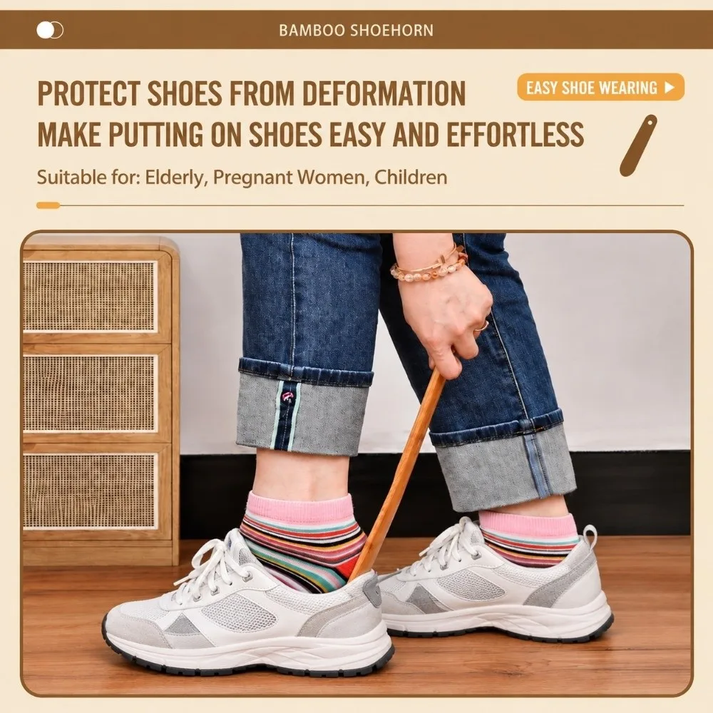 Durable Short Long Handle Bamboo Shoe Horn Bamboo Hanging Rope Shoe Puller Smooth Shoe Spoon For Elderly