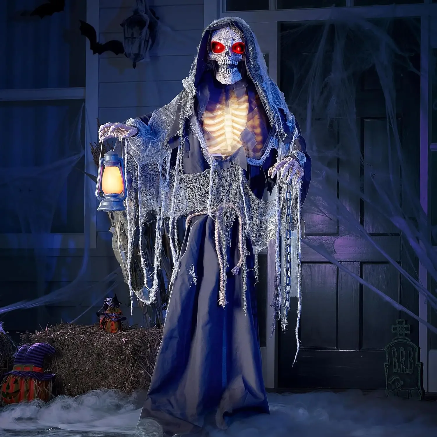 

67" Halloween Animatronics Standing Grim Reaper Animated Decoration with Spooky and Light-Up Eyes/Creepy Sound/Moving Arms