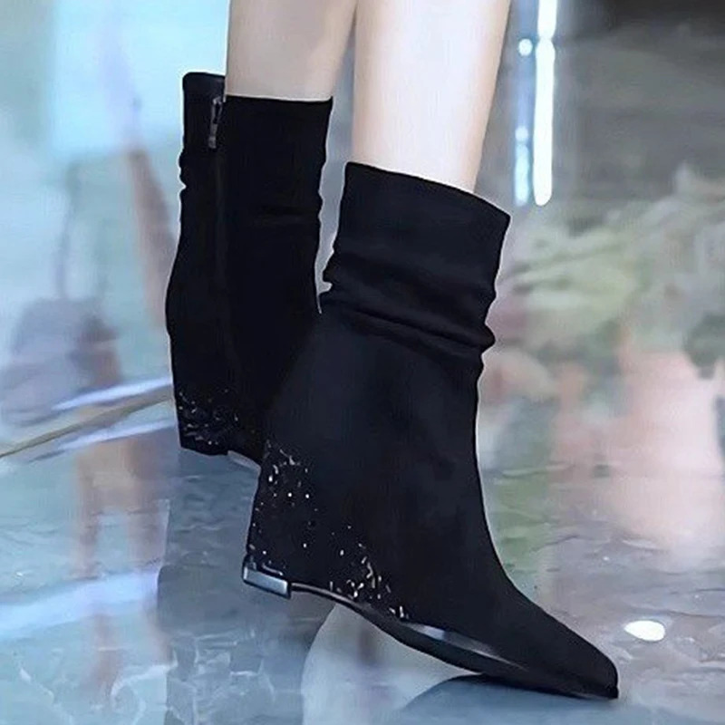 الشتاء النساء حذاء من الجلد أشار تو أسافين مضخات الجلد المدبوغ أحذية أنيقة أحذية امرأة 2025 الاتجاه الجديد فستان حفلات الزفاف بوتاس فام #4