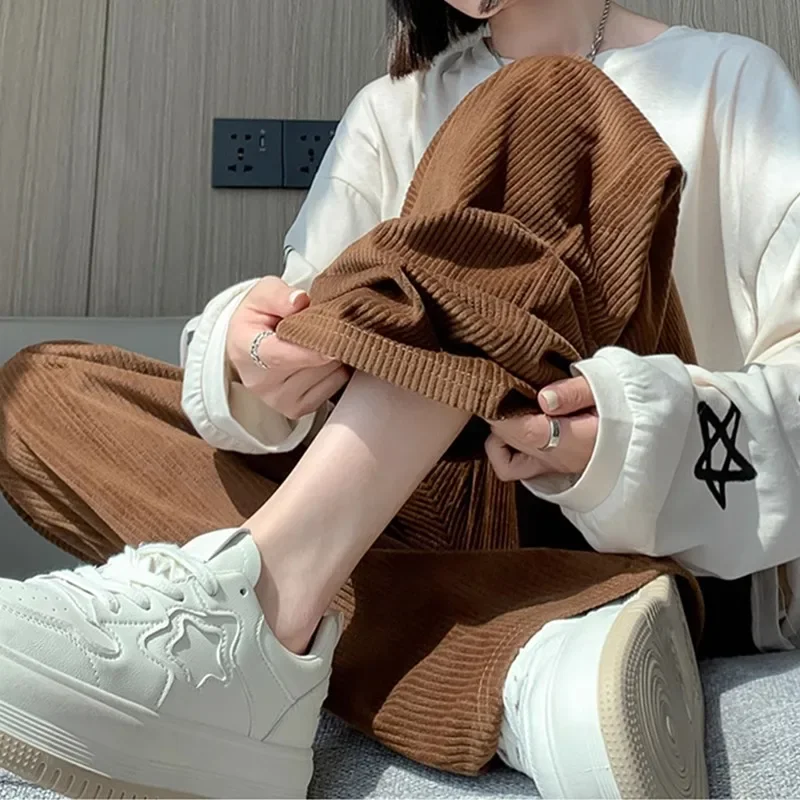 Retro Wide Leg Corduroy Pants Women Spring Fall Straight High Waist Trousers Korean Fashion Baggy All Match Steetwear Pant Y2k