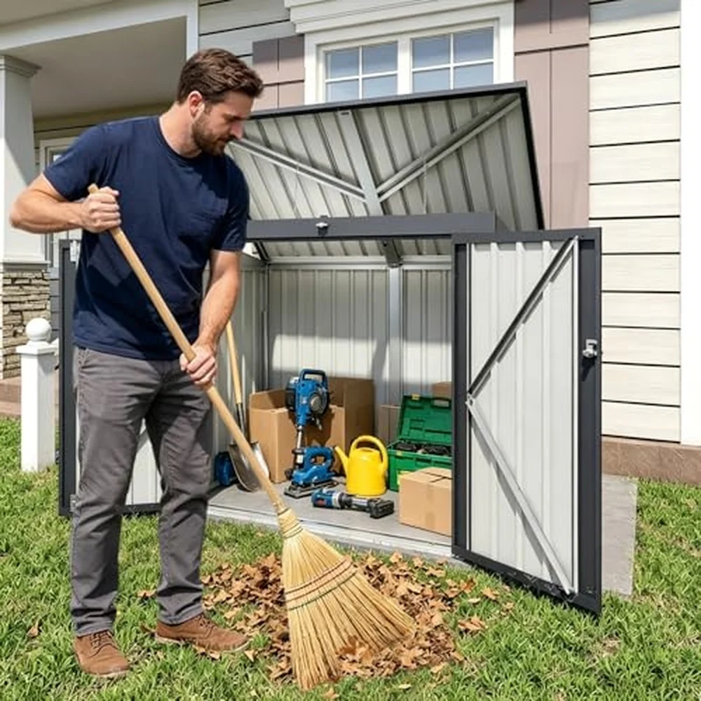 Outdoor Metal Trash Can Storage Shed for 2 Bins 5x3 FT Gray Lockable Door Weatherproof Rustproof 78 Cu.Ft Capacity