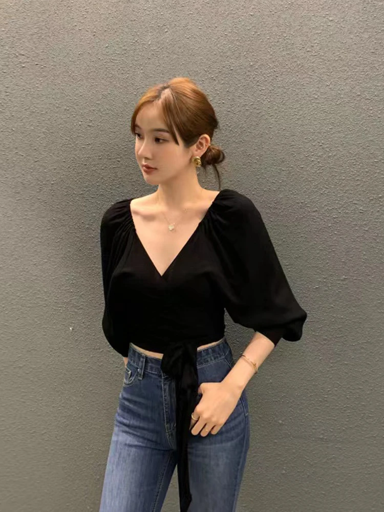 Chic Early Autumn ort Waist-Cinching Long Sve Large V-Nebone Exposure Belted Slimming Pure Color irt for Women