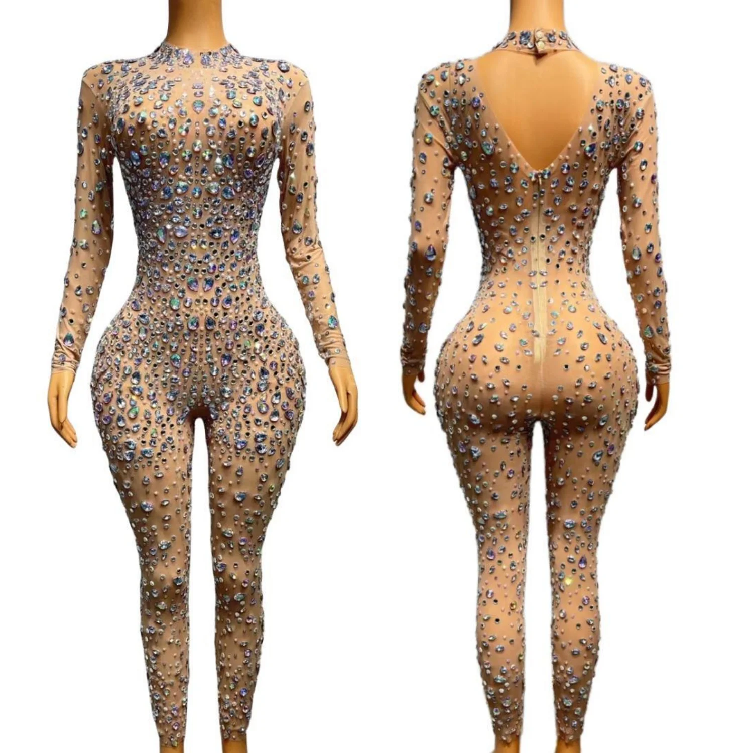 

Luxury Sparkly Rhinestone Tight Fitting Jumpsuit Celebrate Party Outfit Stage Performance See Through Mesh Jumpsuit Mantianxing