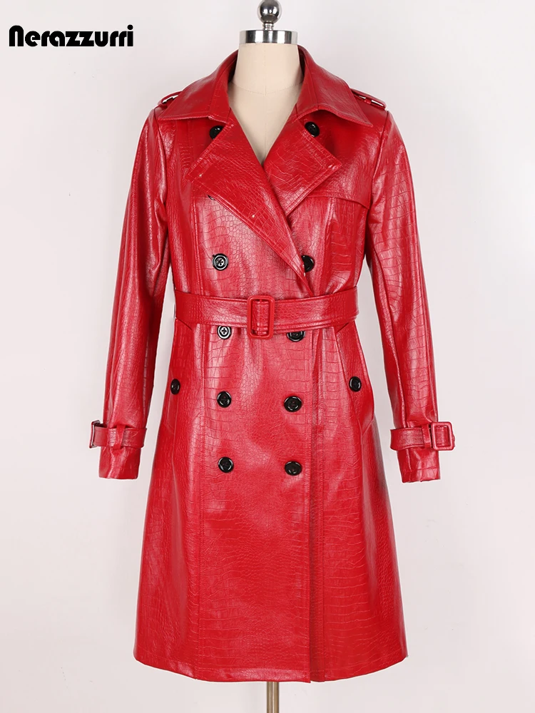 Nerazzurri Spring Long Red Shiny Hard Crocodile Print Pu Leather Trench Coat for Women Belt Double Breasted European Fashion 5xl