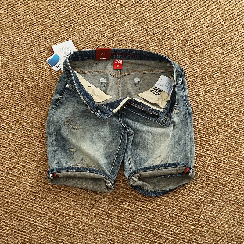 

Летние мужские винтажные потертые джинсовые шорты в американском стиле, светло-голубые повседневные шорты из эластичного хлопка в стиле ретро — свободный прямой крой Flex