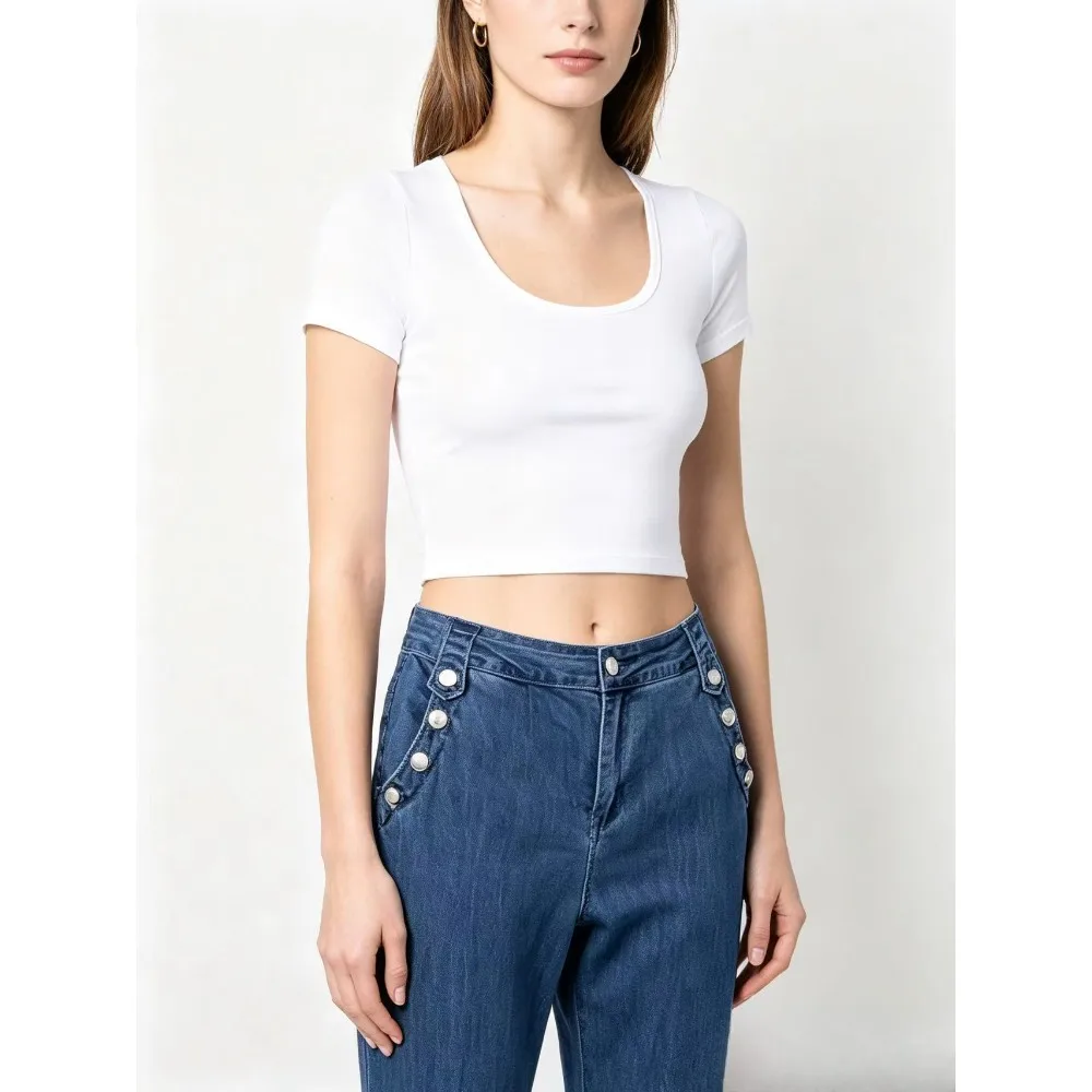 Women's high waist flared jeans, side metal buckle hemmed elastic micro-trousers.