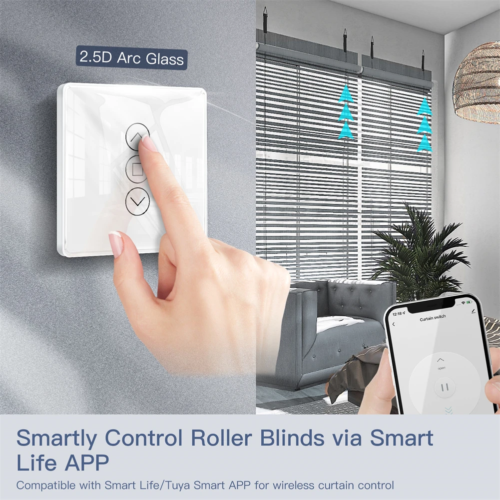 MOES WiFi RF433 Smart 2.5D Arc Glass Touch Curtain Switch for Roller Blinds Shutters Smart Life/Tuya APP Works Alexa Google Home