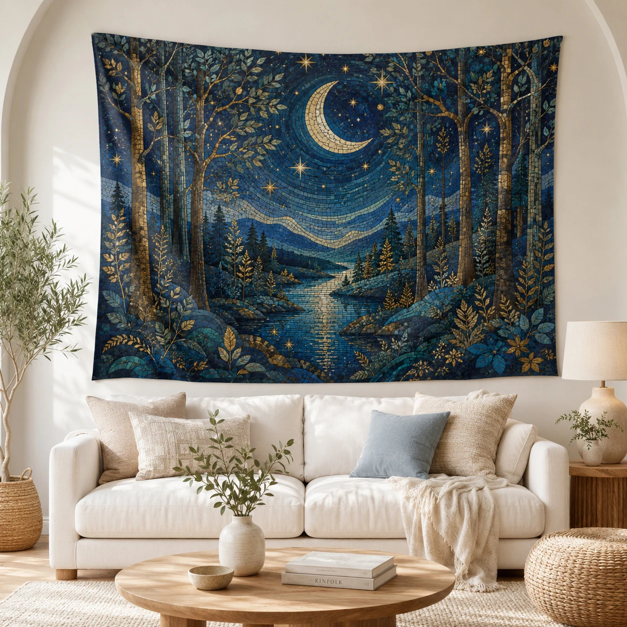 Moon Forest Tapestry Boho Starry Night Woodland Lake Wall Hanging for Bedroom Living Room Dorm Home