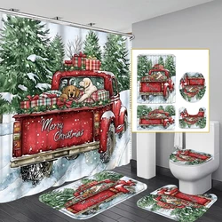 Christmas Snow car dog 1/4PC shower curtain set waterproof shower curtain and waterproof non-slip carpet,12 hooks included