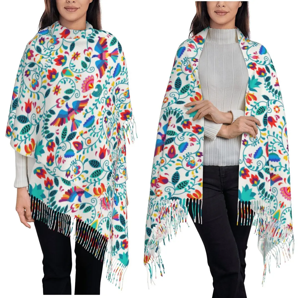 

Мексиканский Отоми Птицы Цветы Цветочный Мексиканский Шарф Шарфы с кисточками Женские Мягкие Теплые Шали и Накидки Длинная осенне-зимняя шаль