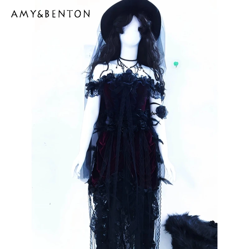 

Gothic Dark Gothic Sweet Cool Women's Dress Original Design 2025 New Floral Waistband Palace Classical Halloween Dresses Ladies