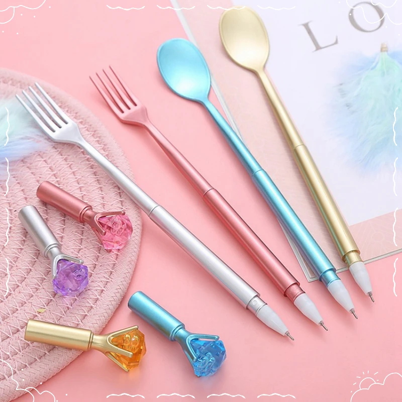 

24 Pcs Gel Pens Set Tableware Diamond Modeling Neutral Water Pens Cartoon Spoon Fork Student Creative Stationery