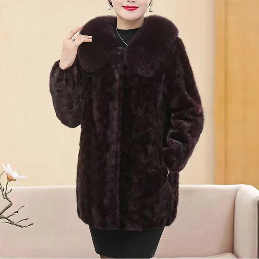 

Women's Natural Mink Fur Coat Spliced Mid-Length Fox Fur Collar Middle-Aged Mother Winter Fur Coat