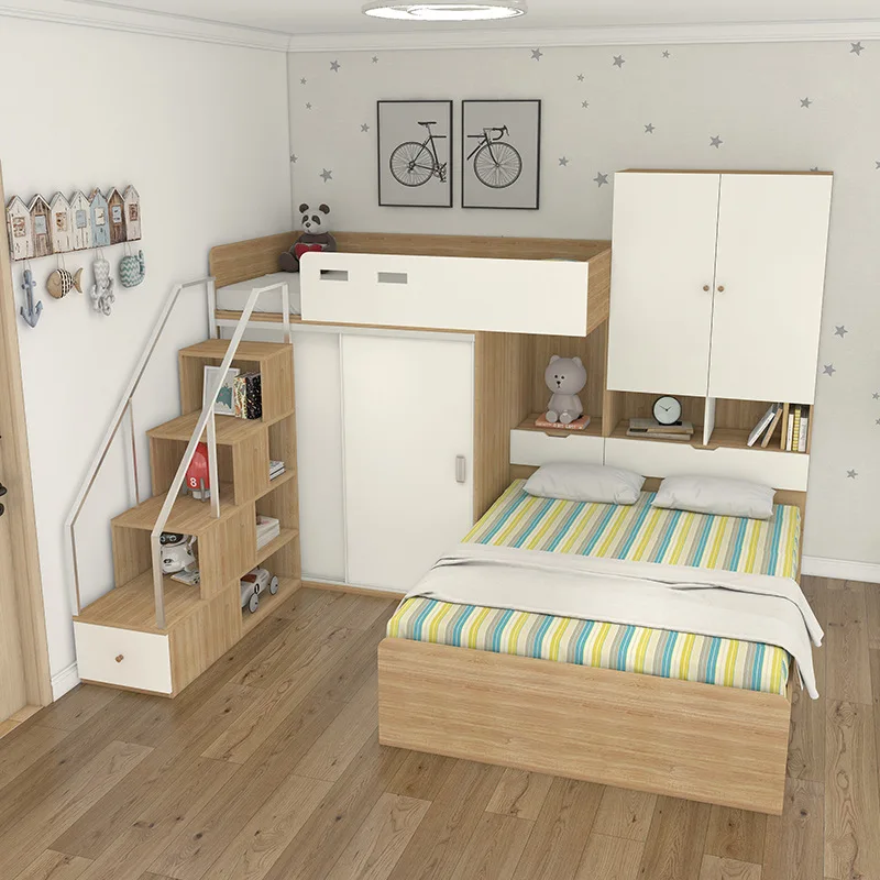 Children's semi-high bed wardrobe multifunctional combination storage mother-child bed solid wood bunk bed