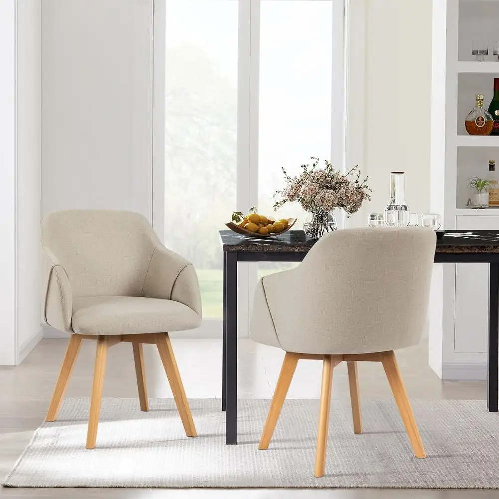 

Pair of Modern Dining Chairs with Upholstered Linen Seats and Wood Legs for Kitchen or Dining Area