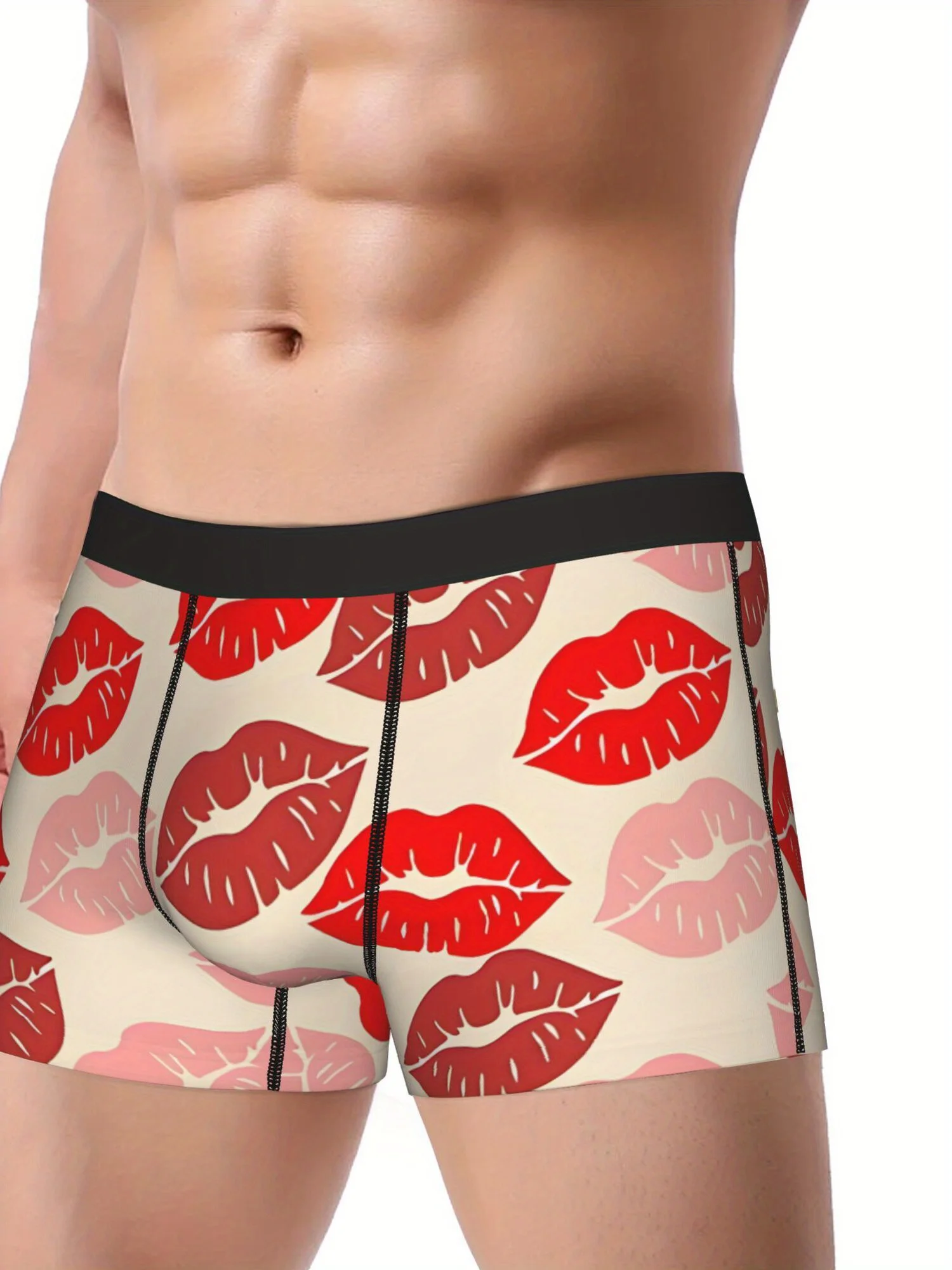 BIIHUDU Men's Boxer Briefs with Red & Pink Lipstick Kiss Print - Mid-Stretch Comfort Fit Underwear, Non-Transparent Fabric for C