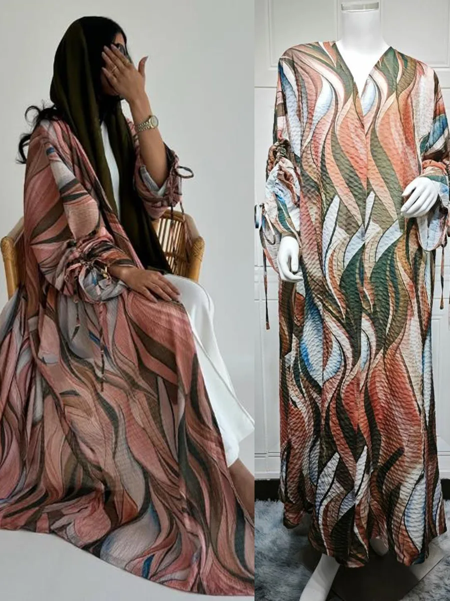 

Women Eid Dubai Abaya Luxury Muslim Fashion Pleated floral Kimono Cardigan Long Dress Kaftan Robe Femme Islam Clothing Kebaya