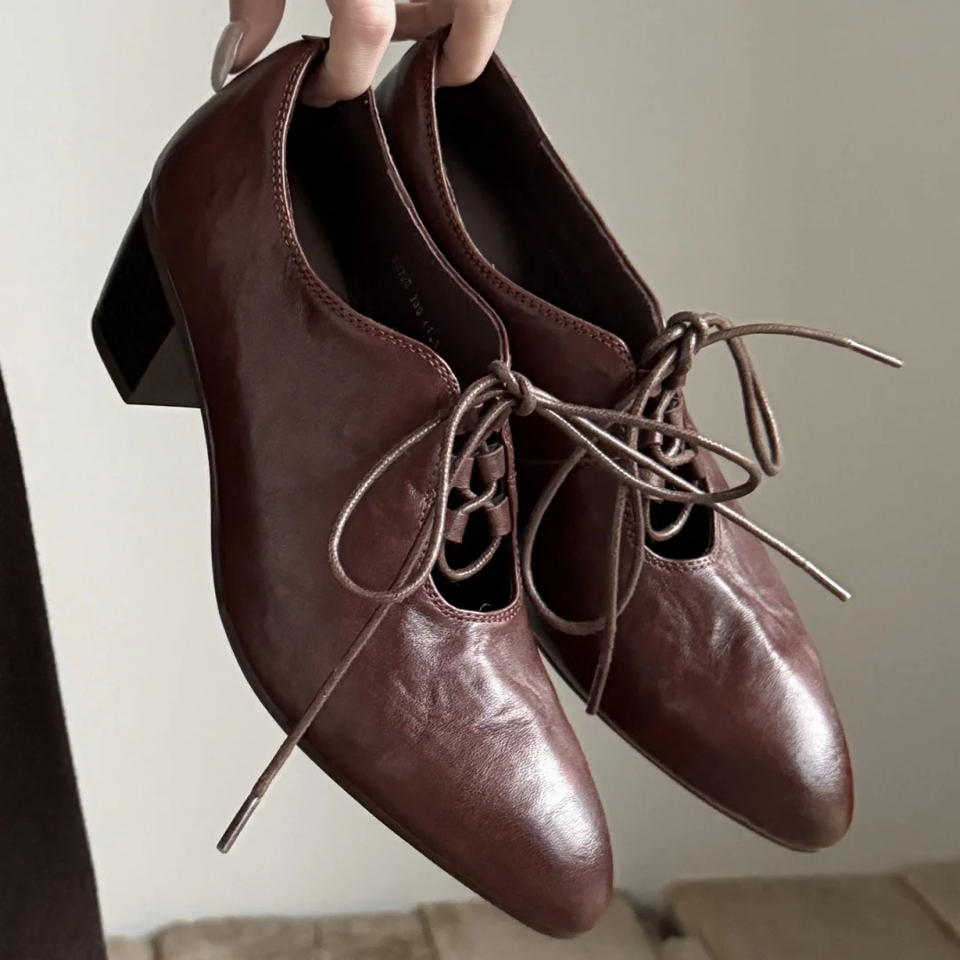 

danxuefei 2026 spring new women's cow leather round toe lace-up pumps retro gradient color 5cm thick med heel dress heels shoes