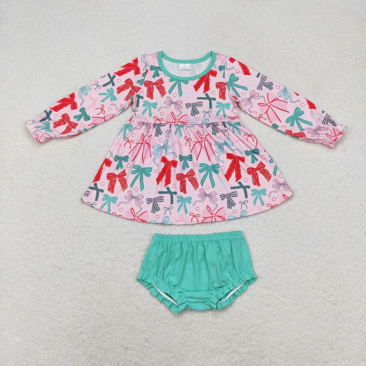 Wholesale Infant Baby Girl Toddler Set Children Long Sleeves Colorful Bows Tops Green Cotton Bummie Shorts Kids Christmas Outfit