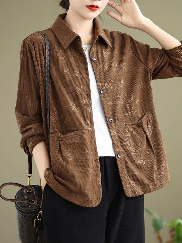 سترة قميص مخملية بطبعة أوراق الخيزران بتصميم عتيق، مقاس كبير للنساء، بزر واحد وياقة مفتوحة وأكمام طويلة، كارديجان كاجوال مفتوح #3