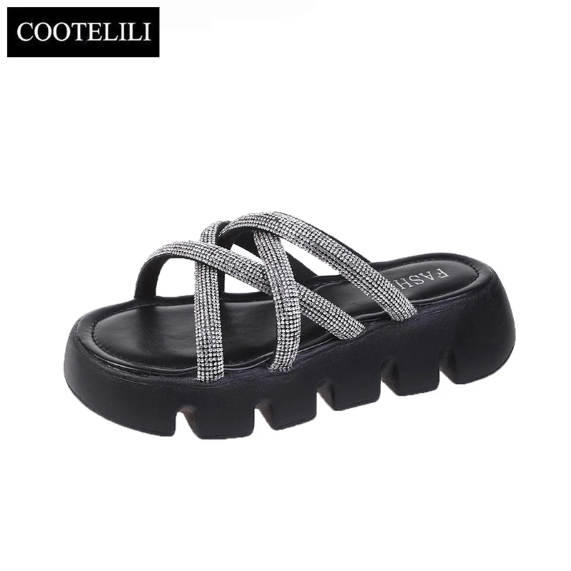 COOTELILI 2022 New Fashion Slippers Women Flats Platform Summer Women Slippers Slip On Diamond Decoration 5cm Heel Casual 35-40