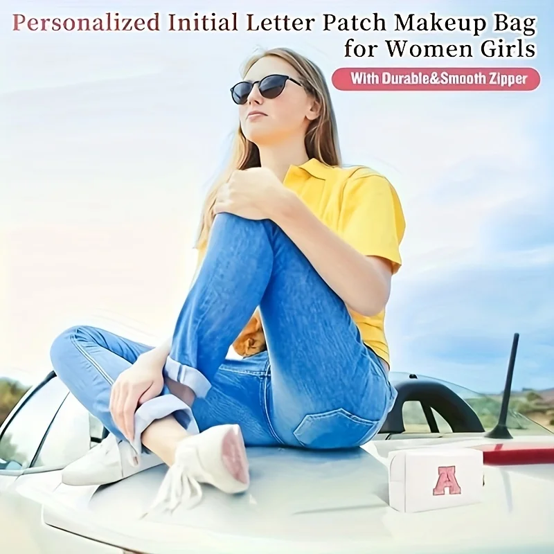 Nitial Letter Patch Makeup Bag, Preppy Portable Chenille Letter Cosmetic Bag With Zipper, PU Leather Waterproof Travel Toiletry