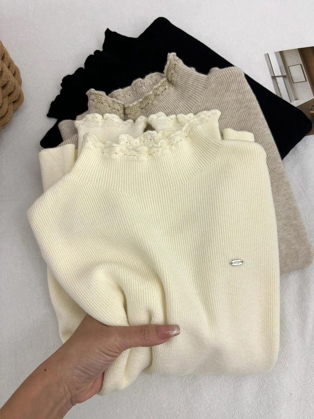 المرأة f-الياقة العالية طويلة Sve محبوك أعلى إيرليت الدانتيل تقليم طبقات قاعدة irt الكورية Sle الخريف الشتاء Faion #1