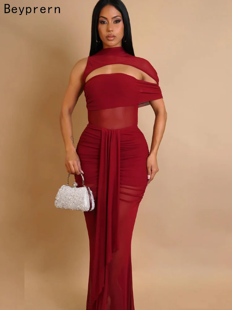 Beyprern sexy sólido um ombro oco para fora maxi vestido feminino pura malha ruched gravata cintura formal vestido de noite longo