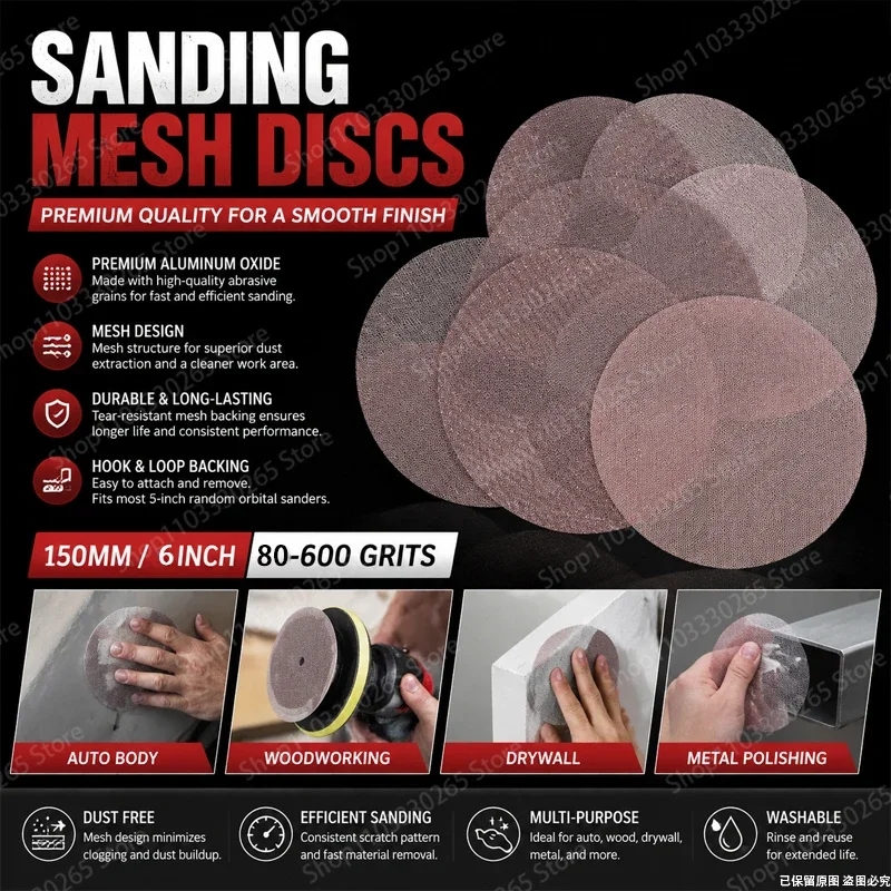 Premium 150mm Mesh Sanding Discs, Anti-Clog, Wet/Dry Use, Hook & Loop, for Woodworking, Auto & Metal Polishing