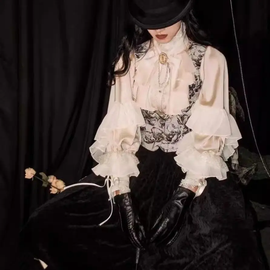 

Coalfell Ретро Эстетический стиль Харадзюку Лолита Блузка с длинными рукавами на весну и осень Топ с рукавами «летучая мышь» для женщин Хэллоуин