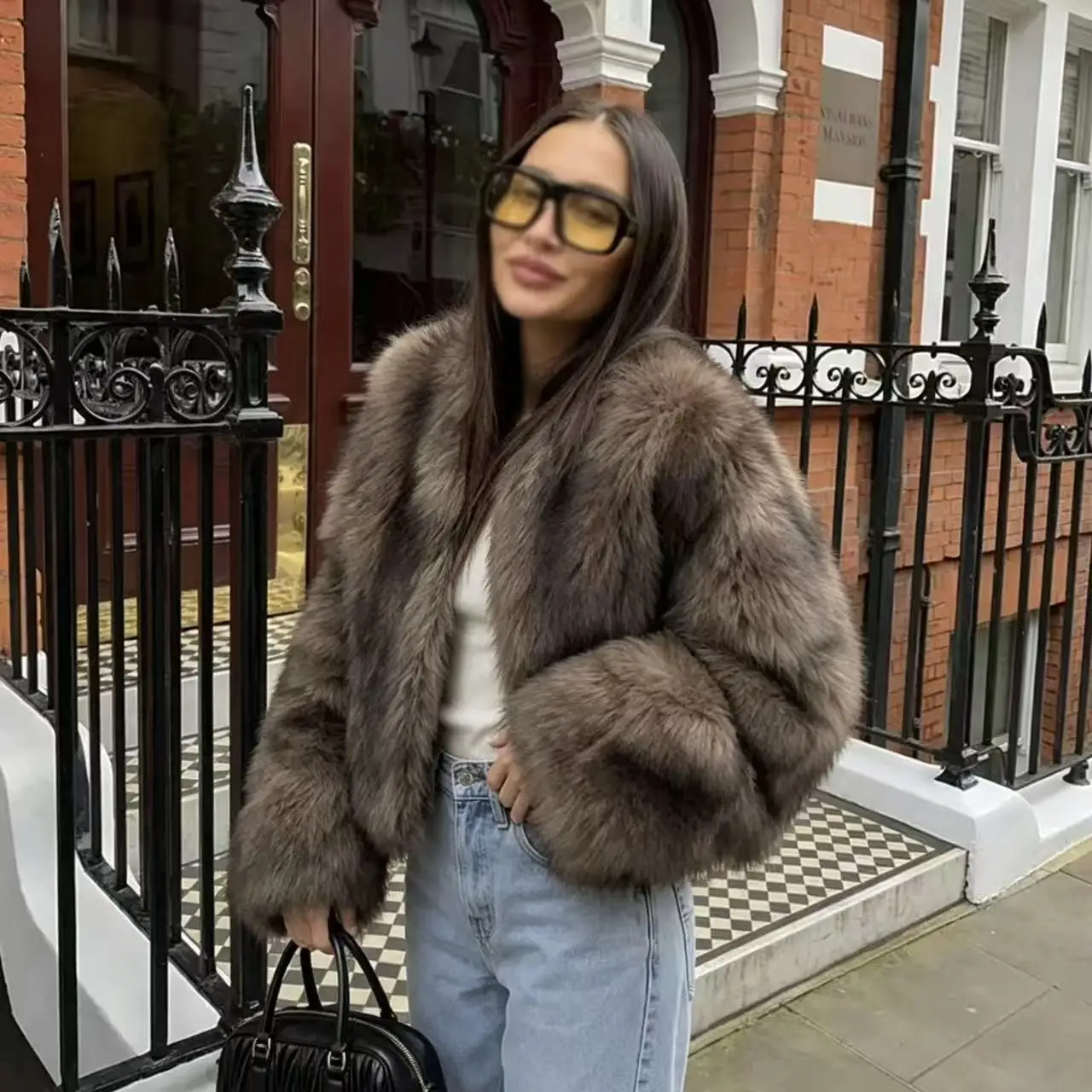Women Faux Fur Coats Solid Fur Jackets Cotton Linen Round Neck Long Sleeves Open Stitch Loose Casual Office 2026 Autumn Winter