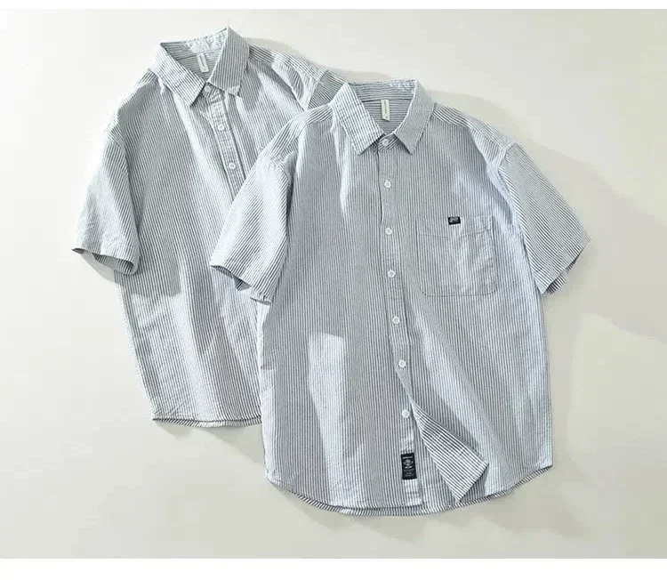 

Japan Style Mens Short Sleeve Stripd Shirt Dropped Shoulder Tops Summer Casual Pure Cotton Shirts Daily Men's Clothing Simple