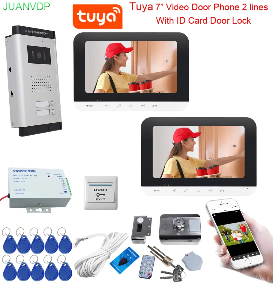 

Tuya 7Inches Wifi Monitors Home Intercom with Rfid Access Control Lock Call 2 Buttons Video Door Phone for 2 Lines Apartments