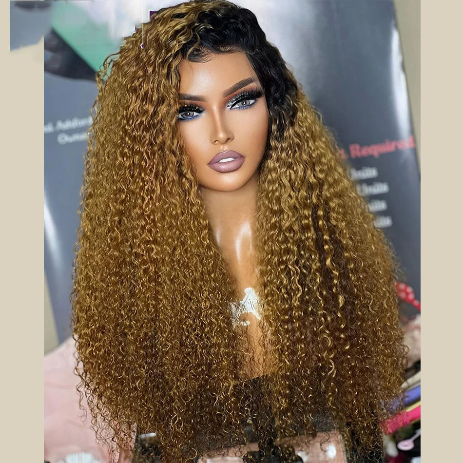 Soft Glueless 180Density Ombre Blond Kinky Curly 26Inch Lace Front Wig For Black Women BabyHair Heat Resistant Preplucked Daily