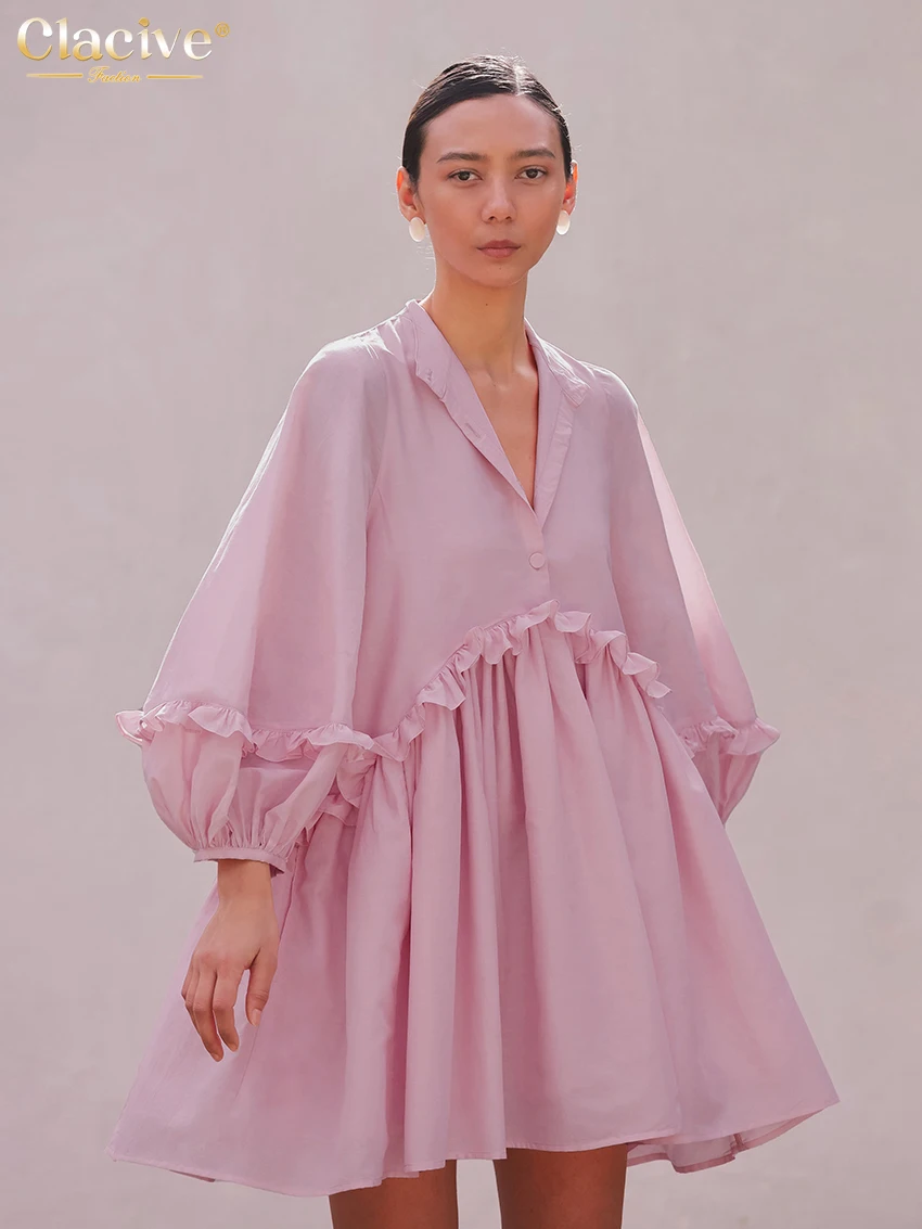 Clacive Casual Loose Pink Women's Dress 2024 Elegant Lapel Puff Sleeve Mini Dresses Fashion Classic Ruffle Pleated Female Dress