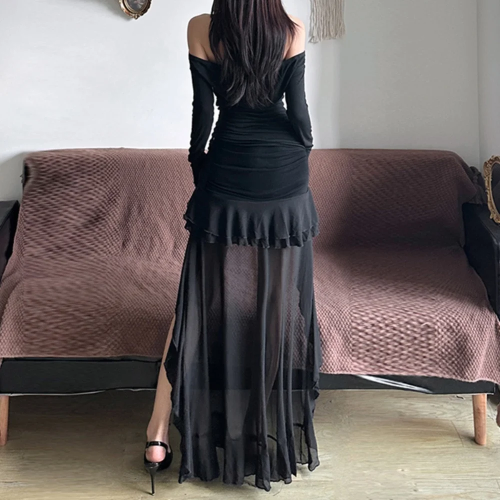 Robe longue noire en maille pour femmes, tenue asymétrique, sexy, transparente