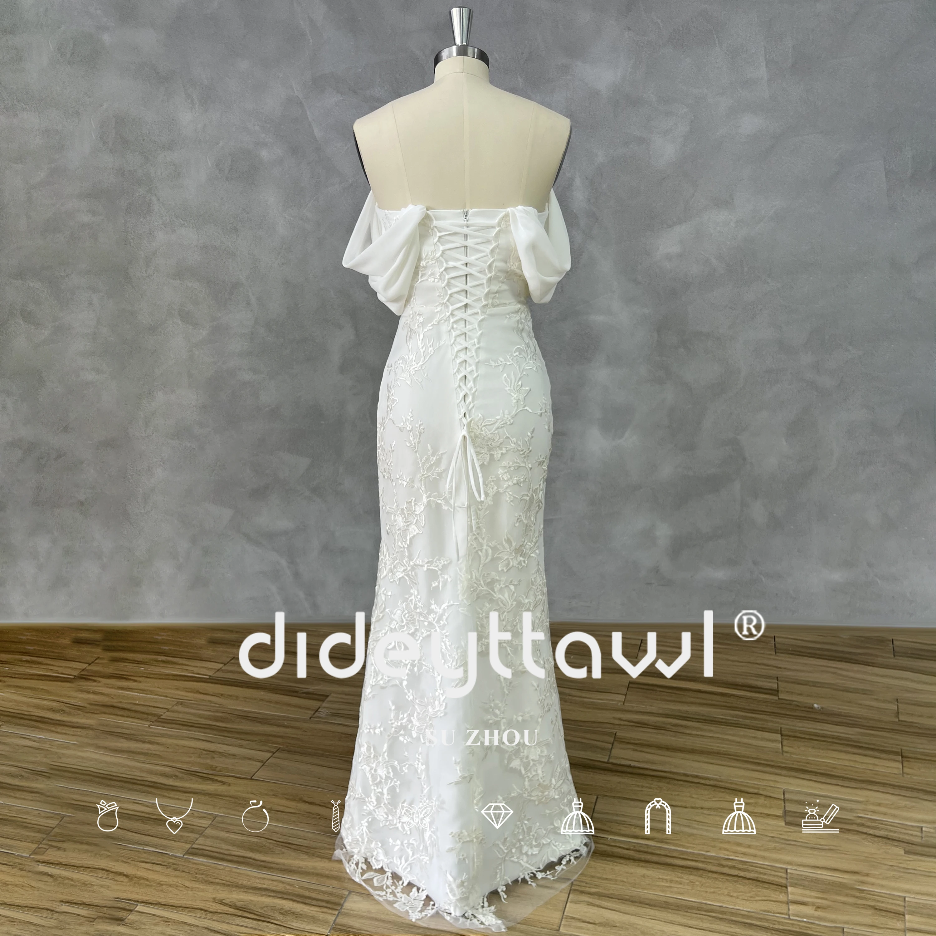 DIDEYTTAWL Real Picture Elegant Off Shoulder Pleats Lace Mermaid Wedding Dress Lace Up Back Floor Length Bridal Gown Custom Made