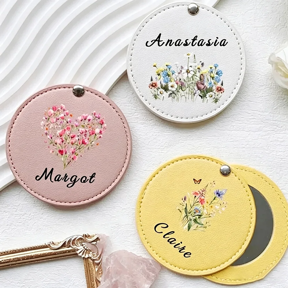 5PCS Free Personalized Makeup Mirror Custom PU Leather Pocket Mirrors Travel Mirror Portable Makeup Mirror Bridal Shower Gifts