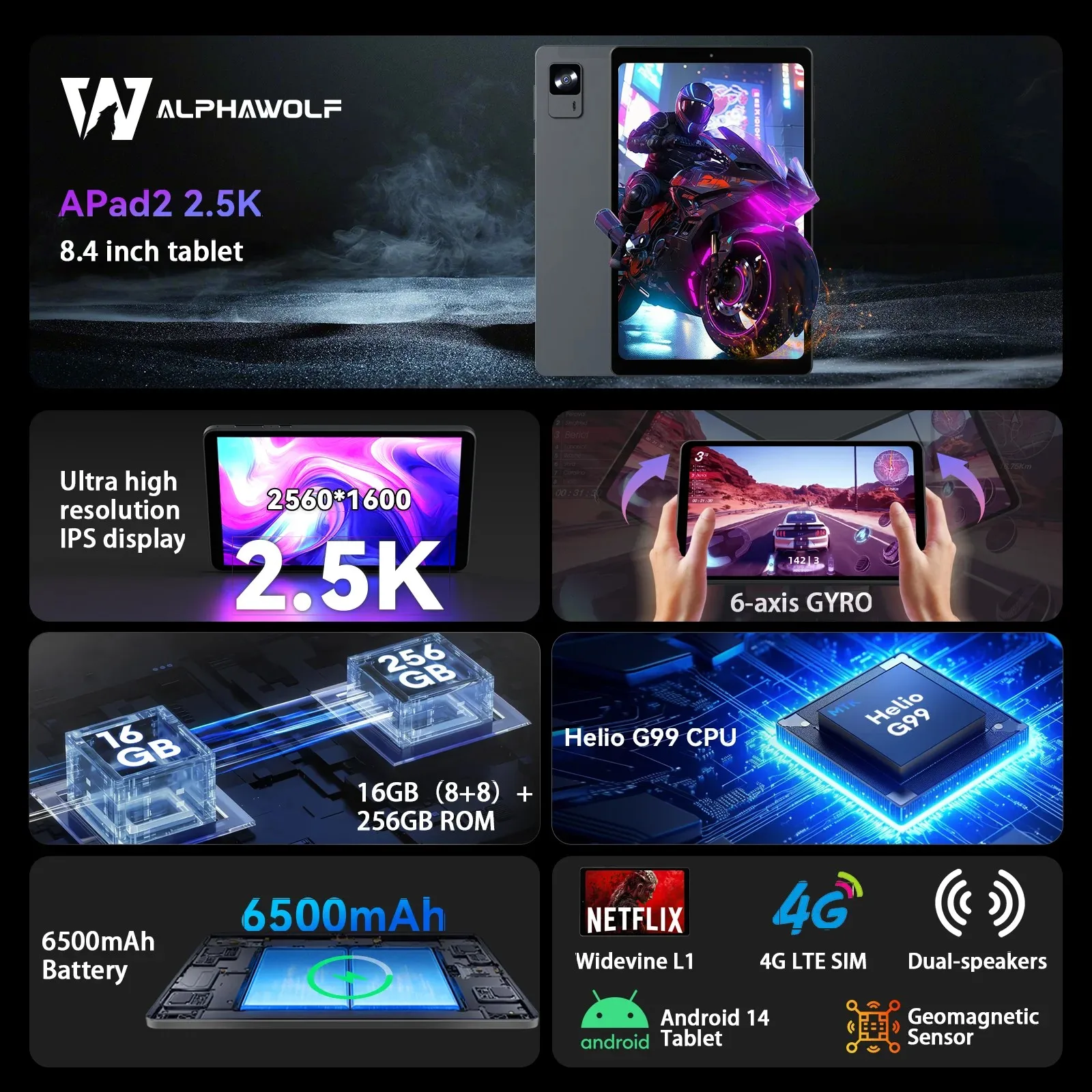 Alphawolf APad2 Tablet 8 inch 16+256GB 2560*1600 2.5K FHD G99 CPU SIM 4G LTE Android14 Tablet Widevine L1 6500mAh 8+16MP Camera