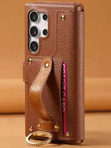 Wallet Flip Case for Samsung Galaxy S25 S24 Ultra S23 FE S21 S22 Plus A56 A55 A54 Leather Strap Card Slots Zipper Cover LSW-02